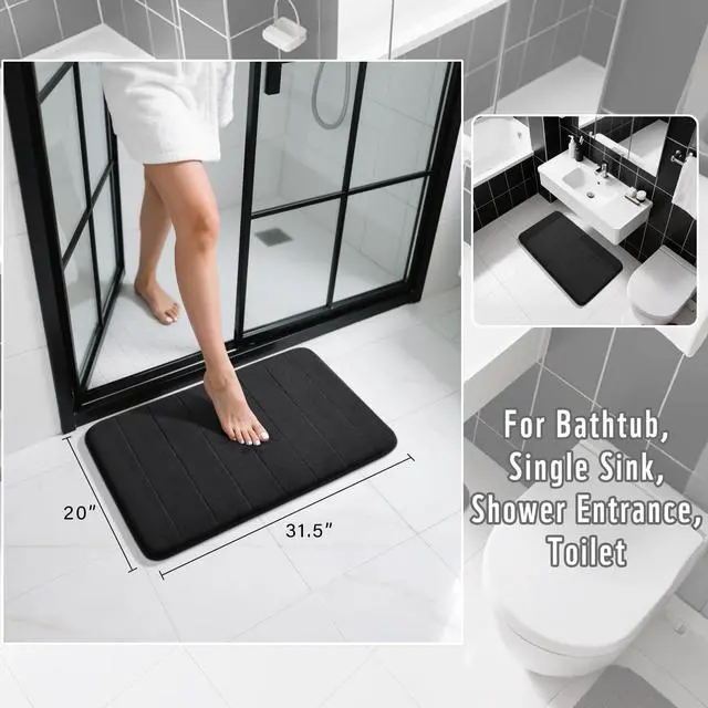 Alt view image 2 of 7 - Memory Foam Bath Mat, Super Soft Absorbent Bathroom Rug Non Slip 31.5x20 Inch, Quick Dry, Machine Washable Floor Carpet for Tub Shower, Home Decor Accessories, Black