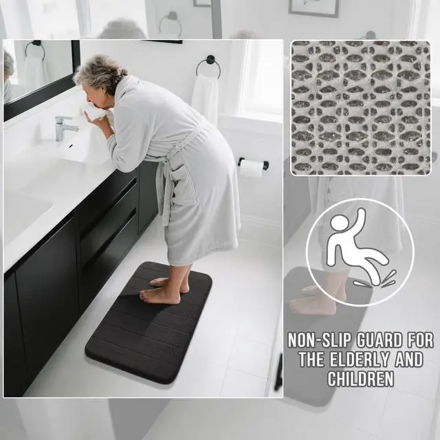 Alt view image 5 of 7 - Memory Foam Bath Mat, Super Soft Absorbent Bathroom Rug Non Slip 31.5x20 Inch, Quick Dry, Machine Washable Floor Carpet for Tub Shower, Home Decor Accessories, Black