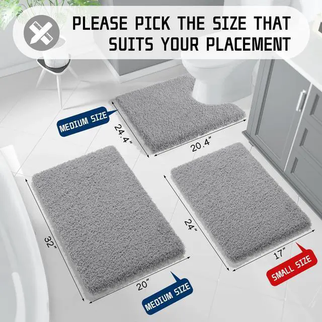 Alt view image 2 of 7 - Bath Rugs for Bathroom 32x20, Ultra Soft and Water Absorbent Bath Mats, Non Slip Plush Shower Rugs, Microfiber Thick Matts for Bathroom Floor/Tub, Machine Washable, Pure Gray