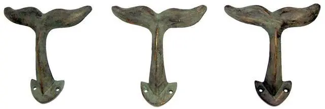 Main image of Rustic Green Patina Cast Iron Whale Tail Wall Hooks, 4 1/2 Inches, Set of 3