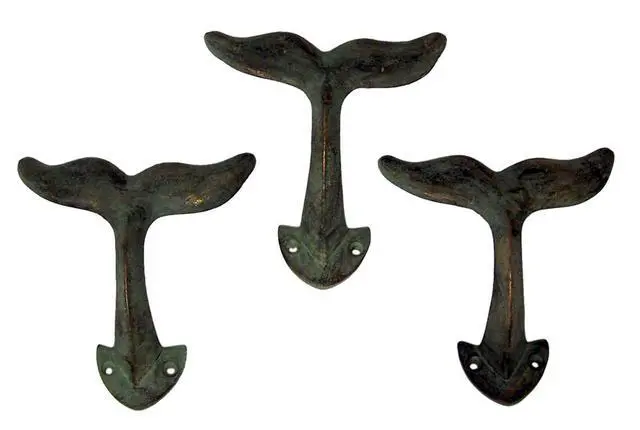 Alt view image 3 of 6 - Rustic Green Patina Cast Iron Whale Tail Wall Hooks, 4 1/2 Inches, Set of 3