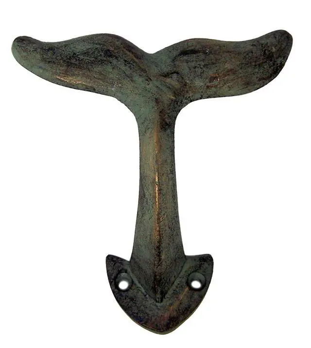 Alt view image 4 of 6 - Rustic Green Patina Cast Iron Whale Tail Wall Hooks, 4 1/2 Inches, Set of 3