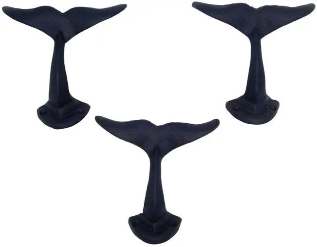 Main image of Navy Blue Whale Tail Cast Iron Wall Hooks, Wall Mounted for Hanging Clothes & Accessories, Nautical Home & Office Decor, Set of 3, 4.75 Inches High