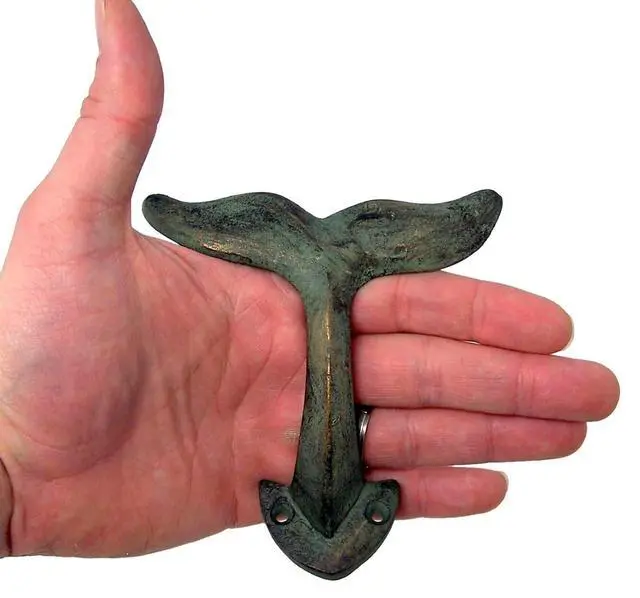Alt view image 5 of 6 - Rustic Green Patina Cast Iron Whale Tail Wall Hooks, 4 1/2 Inches, Set of 3