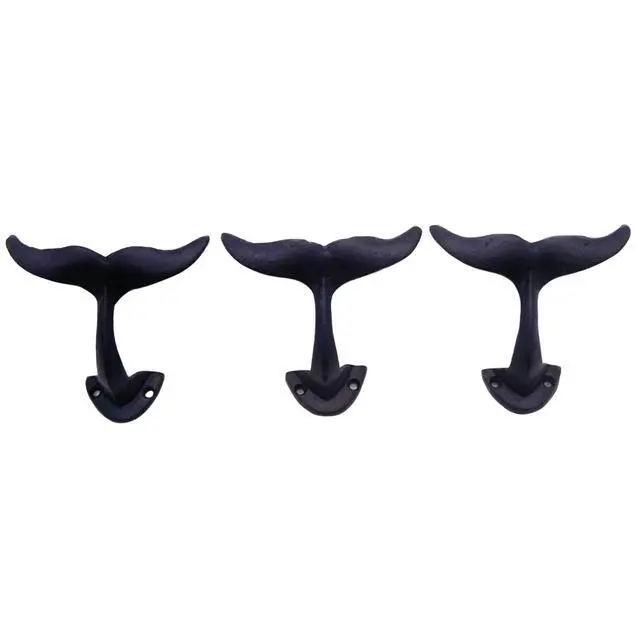 Alt view image 2 of 7 - Navy Blue Whale Tail Cast Iron Wall Hooks, Wall Mounted for Hanging Clothes & Accessories, Nautical Home & Office Decor, Set of 3, 4.75 Inches High