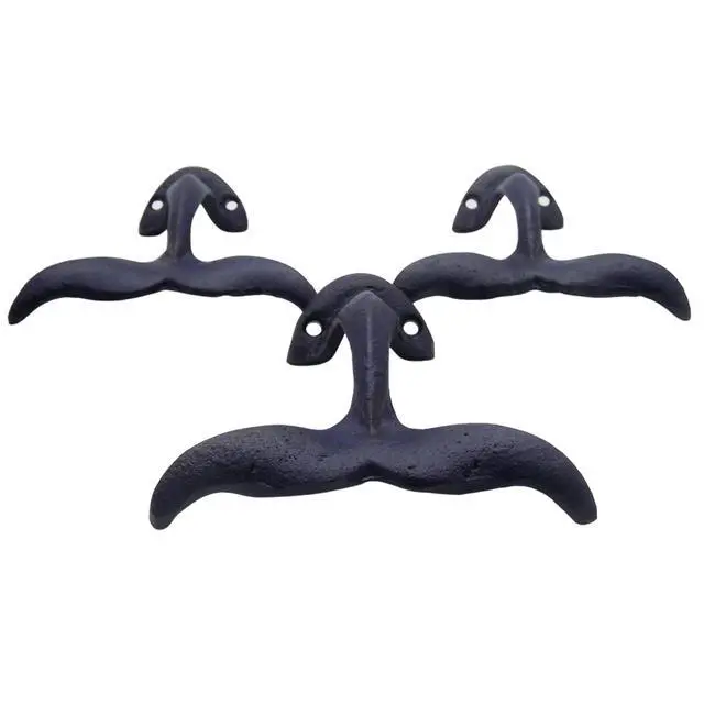 Alt view image 4 of 7 - Navy Blue Whale Tail Cast Iron Wall Hooks, Wall Mounted for Hanging Clothes & Accessories, Nautical Home & Office Decor, Set of 3, 4.75 Inches High