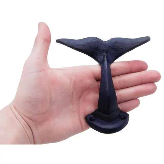 Alt view image 6 of 7 - Navy Blue Whale Tail Cast Iron Wall Hooks, Wall Mounted for Hanging Clothes & Accessories, Nautical Home & Office Decor, Set of 3, 4.75 Inches High