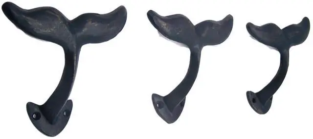 Main image of Navy Blue Whale Tail Cast Iron Wall Hooks, Wall Mounted Decoration, Beach Themed Wall Décor, Set of 3, 4.5 Inches High
