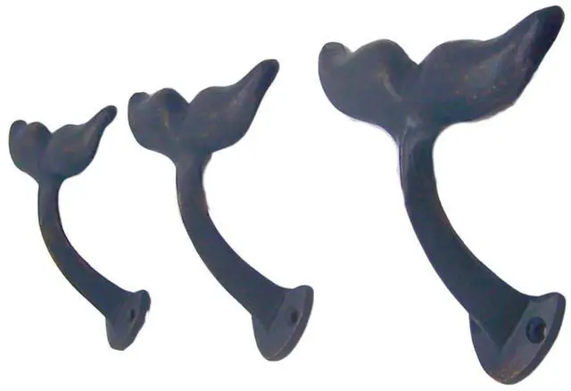 Alt view image 2 of 7 - Navy Blue Whale Tail Cast Iron Wall Hooks, Wall Mounted Decoration, Beach Themed Wall Décor, Set of 3, 4.5 Inches High