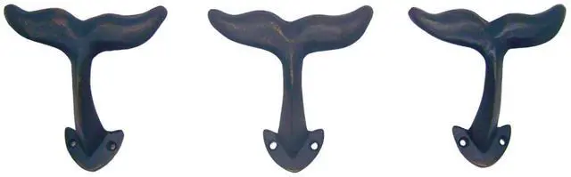 Alt view image 3 of 7 - Navy Blue Whale Tail Cast Iron Wall Hooks, Wall Mounted Decoration, Beach Themed Wall Décor, Set of 3, 4.5 Inches High