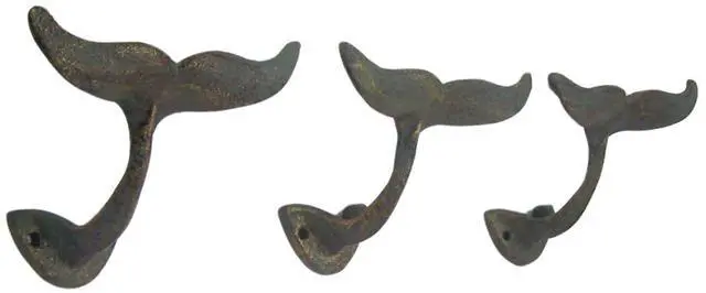 Main image of Green Whale Tail Cast Iron Wall Hook, 4 3/4 Inch (Set of 3), Nautical Home Decor