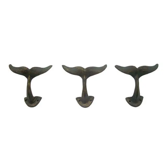 Alt view image 2 of 7 - Green Whale Tail Cast Iron Wall Hook, 4 3/4 Inch (Set of 3), Nautical Home Decor