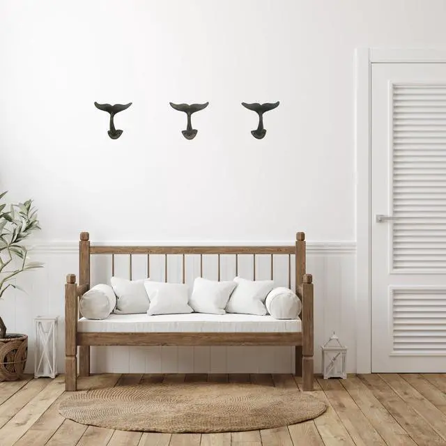 Alt view image 7 of 7 - Green Whale Tail Cast Iron Wall Hook, 4 3/4 Inch (Set of 3), Nautical Home Decor