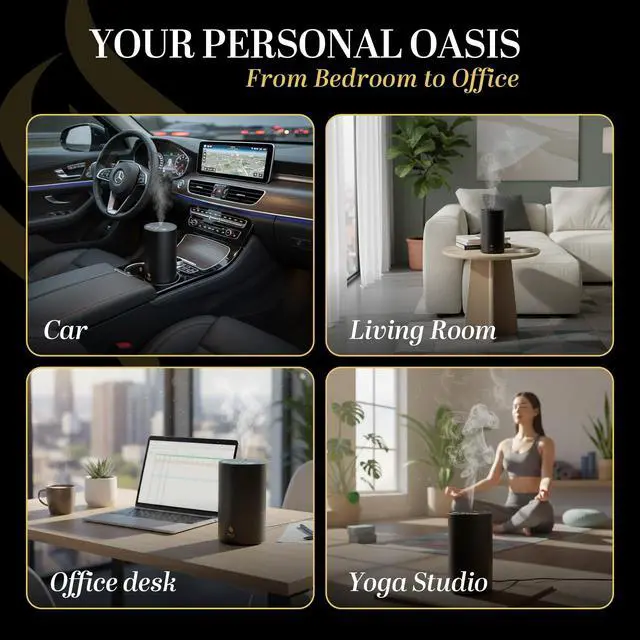 Alt view image 2 of 7 - Waterless Essential Oil Diffuser, battery-operated cordless aromatherapy diffuser with timer & 3 mist levels. For car, home, office, yoga studio, nursery, bedrooms, and pet areas. Black aluminum alloy
