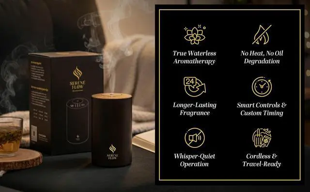 Alt view image 5 of 7 - Waterless Essential Oil Diffuser, battery-operated cordless aromatherapy diffuser with timer & 3 mist levels. For car, home, office, yoga studio, nursery, bedrooms, and pet areas. Black aluminum alloy