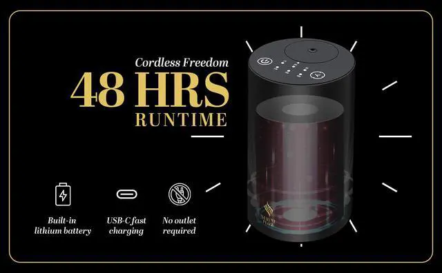 Alt view image 7 of 7 - Waterless Essential Oil Diffuser, battery-operated cordless aromatherapy diffuser with timer & 3 mist levels. For car, home, office, yoga studio, nursery, bedrooms, and pet areas. Black aluminum alloy