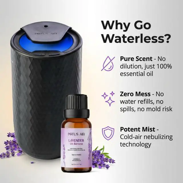Alt view image 3 of 7 - Waterless Essential Oil Diffuser with 15ml French Lavender Oil - Portable Cordless Waterless Diffuser - 3 Mist Levels - 4 Timer Modes - USB Rechargeable - Aromatherapy Machine for Home, Car & Office