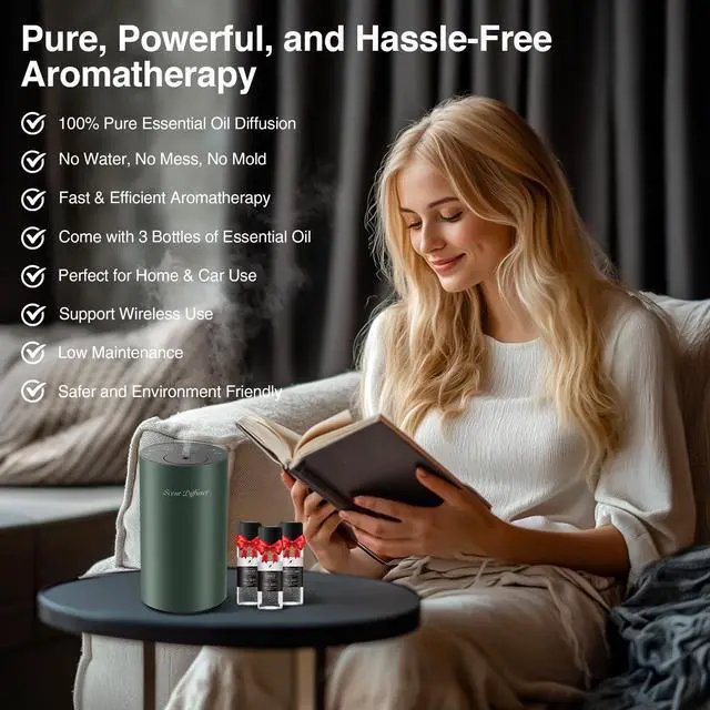 Alt view image 2 of 7 - Waterless Essential Oil Diffuser Starter Kit - No Water Needed, Battery Operated Mini Scent Air Machine, Included 3x20ML Essential Oils, Portable Aromatherapy Diffuser for Home & Car & Office, Green