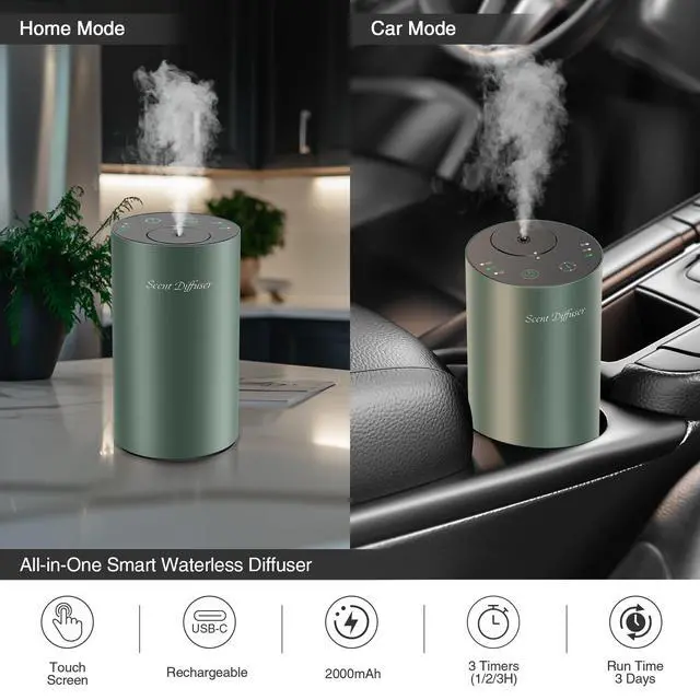 Alt view image 4 of 7 - Waterless Essential Oil Diffuser Starter Kit - No Water Needed, Battery Operated Mini Scent Air Machine, Included 3x20ML Essential Oils, Portable Aromatherapy Diffuser for Home & Car & Office, Green
