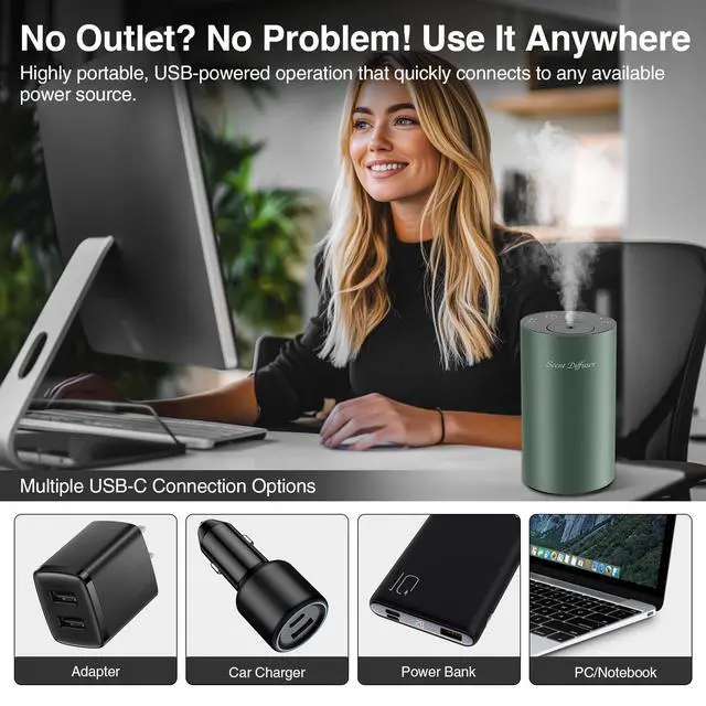 Alt view image 5 of 7 - Waterless Essential Oil Diffuser Starter Kit - No Water Needed, Battery Operated Mini Scent Air Machine, Included 3x20ML Essential Oils, Portable Aromatherapy Diffuser for Home & Car & Office, Green