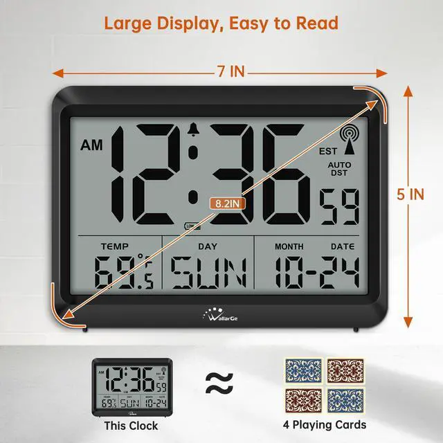Alt view image 2 of 7 - Atomic Digital Wall Clock Battery Operated, Self-Setting, Large Display with Temperature, Date, Day of The Week, Silent Wall Mount Digital Clock, 4 Time Zones, DST