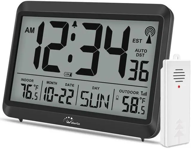 Main image of Atomic Clock with Indoor Outdoor Temperature - 8.5'' Digital Clock Battery Operated, Self-Setting, 4 Time Zones, DST