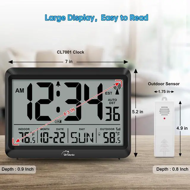 Alt view image 2 of 7 - Atomic Clock with Indoor Outdoor Temperature - 8.5'' Digital Clock Battery Operated, Self-Setting, 4 Time Zones, DST