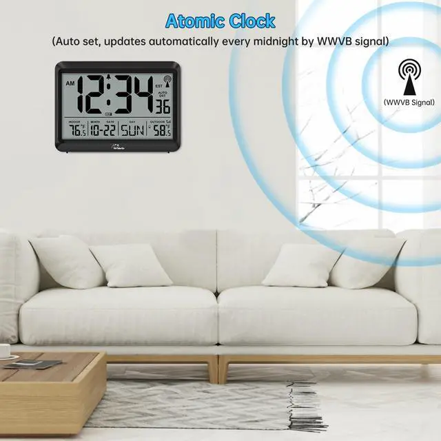 Alt view image 3 of 7 - Atomic Clock with Indoor Outdoor Temperature - 8.5'' Digital Clock Battery Operated, Self-Setting, 4 Time Zones, DST