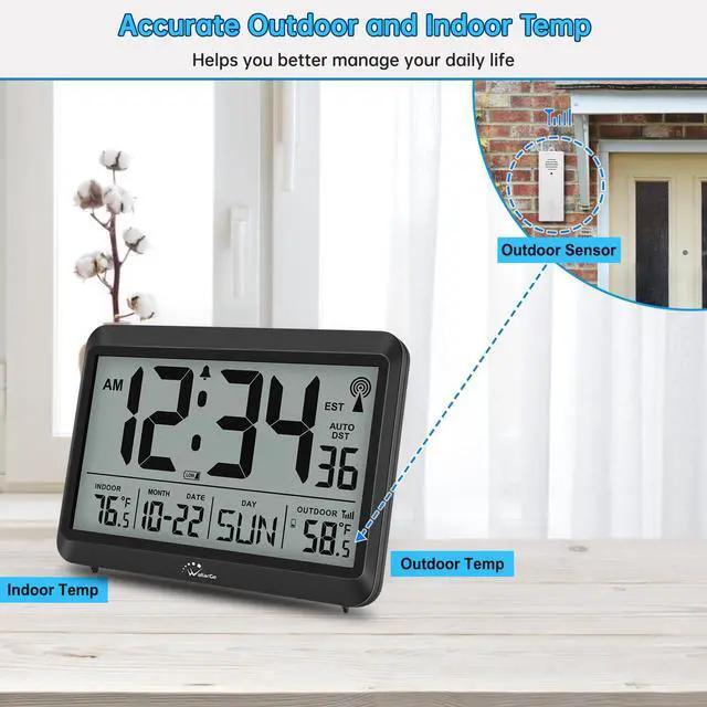 Alt view image 4 of 7 - Atomic Clock with Indoor Outdoor Temperature - 8.5'' Digital Clock Battery Operated, Self-Setting, 4 Time Zones, DST