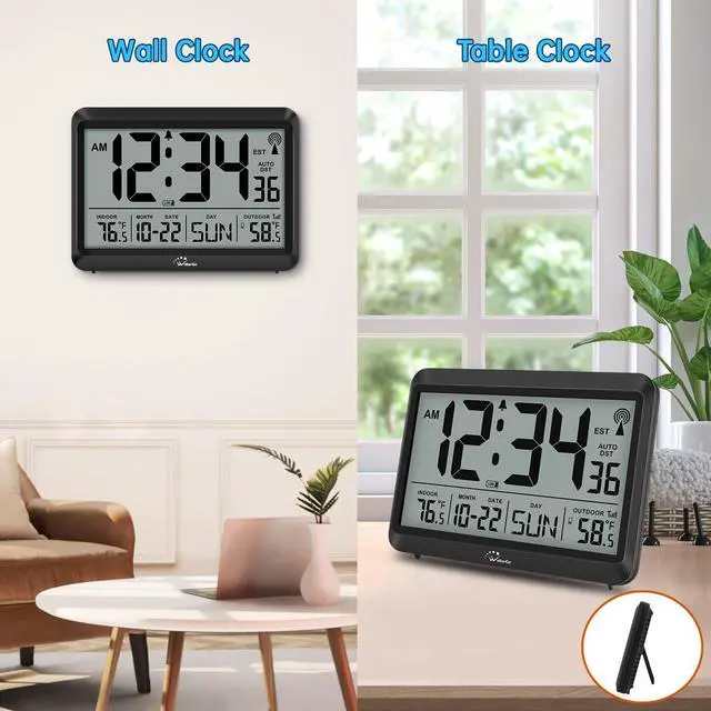 Alt view image 5 of 7 - Atomic Clock with Indoor Outdoor Temperature - 8.5'' Digital Clock Battery Operated, Self-Setting, 4 Time Zones, DST