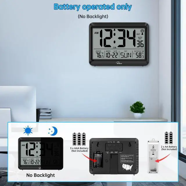 Alt view image 6 of 7 - Atomic Clock with Indoor Outdoor Temperature - 8.5'' Digital Clock Battery Operated, Self-Setting, 4 Time Zones, DST