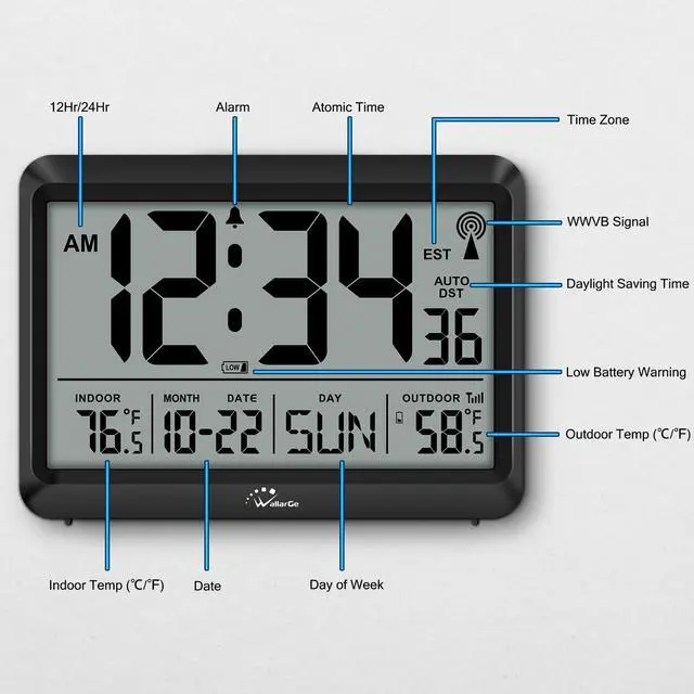 Alt view image 7 of 7 - Atomic Clock with Indoor Outdoor Temperature - 8.5'' Digital Clock Battery Operated, Self-Setting, 4 Time Zones, DST