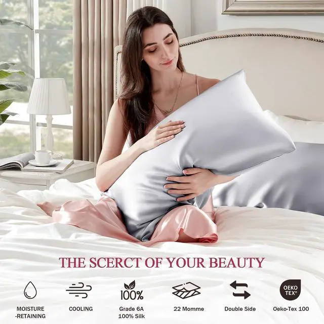 Alt view image 6 of 7 - 100% Silk Pillow Cases Standard Size Mulberry Silk Pillowcase for Hair and Skin 22 Momme Highest Grade 6A Silk Cooling Soft Smooth with Zipper 20 x 26 Inches 1PC, Grey