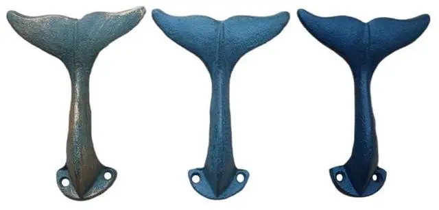 Main image of Set of 3 Decorative Cast Iron Whale Tail Hooks Ocean Inspired Wall Hooks for Coastal Or Nautical Decor Durable Whale Tail Hangers for Keys, Towels, Or Bags
