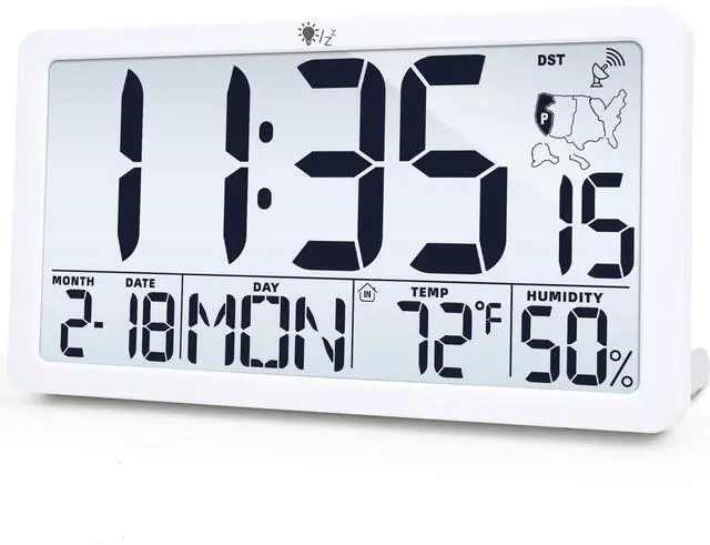 Main image of Atomic Wall Clock with Backlight, Battery Operated Digital Wall Clock with Temperature, Humidity and Date, Large Display, Auto DST, 6 Time Zone(White)