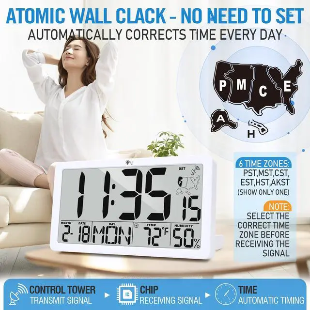 Alt view image 2 of 7 - Atomic Wall Clock with Backlight, Battery Operated Digital Wall Clock with Temperature, Humidity and Date, Large Display, Auto DST, 6 Time Zone(White)