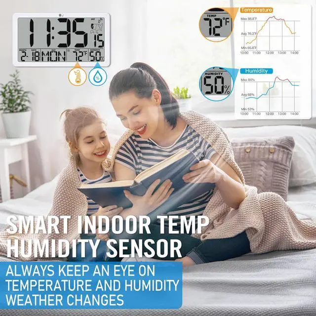 Alt view image 3 of 7 - Atomic Wall Clock with Backlight, Battery Operated Digital Wall Clock with Temperature, Humidity and Date, Large Display, Auto DST, 6 Time Zone(White)