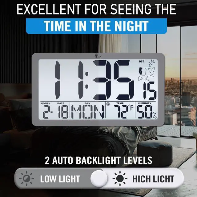 Alt view image 4 of 7 - Atomic Wall Clock with Backlight, Battery Operated Digital Wall Clock with Temperature, Humidity and Date, Large Display, Auto DST, 6 Time Zone(White)
