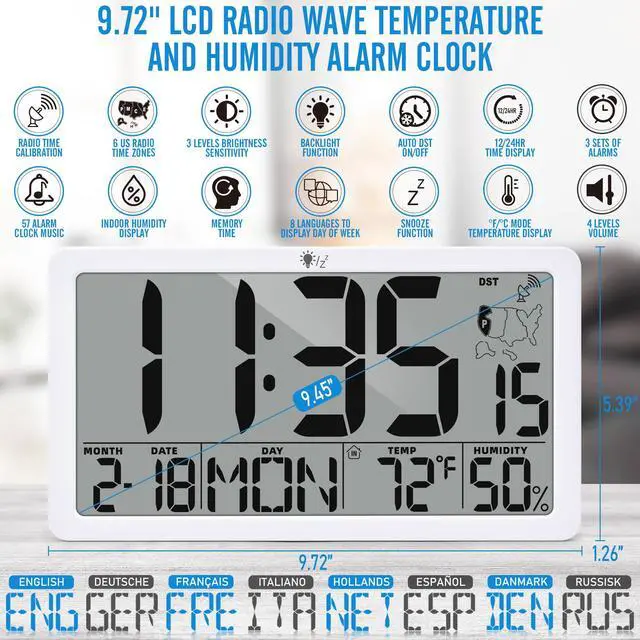 Alt view image 5 of 7 - Atomic Wall Clock with Backlight, Battery Operated Digital Wall Clock with Temperature, Humidity and Date, Large Display, Auto DST, 6 Time Zone(White)