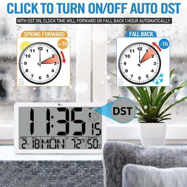 Alt view image 6 of 7 - Atomic Wall Clock with Backlight, Battery Operated Digital Wall Clock with Temperature, Humidity and Date, Large Display, Auto DST, 6 Time Zone(White)