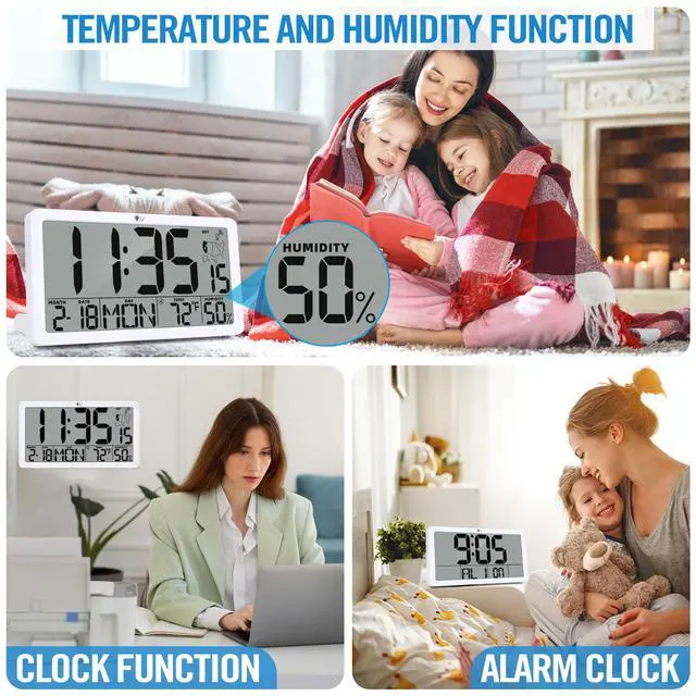 Alt view image 7 of 7 - Atomic Wall Clock with Backlight, Battery Operated Digital Wall Clock with Temperature, Humidity and Date, Large Display, Auto DST, 6 Time Zone(White)