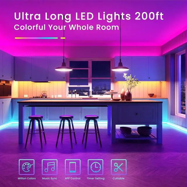 Alt view image 2 of 7 - 200ft Bluetooth LED Strip Lights, Long Strip Lighting Music Sync, RGB Color Changing LED Lights for Bedroom with Remote,Smart Phone APP Control, Ceiling Living Room Decor (APP+Remote+Mic/2 Roll)