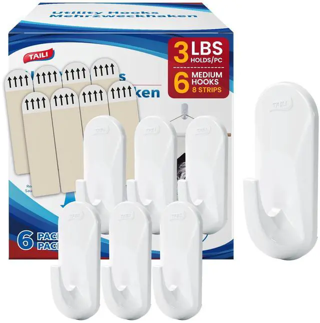 Main image of Hooks for Hanging,6 Plastic Sticky Hooks and 8 Adhesive Strips, White Utility Hooks for Painted Wall, No Damage Heavy Duty Holds up to 3 lb, Removable & Reusable for Door, Dorm, Clothes, Closet