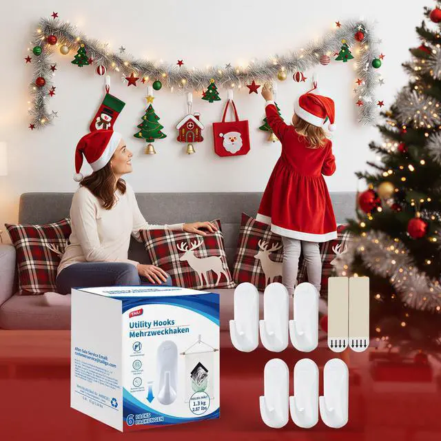 Alt view image 3 of 7 - Hooks for Hanging,6 Plastic Sticky Hooks and 8 Adhesive Strips, White Utility Hooks for Painted Wall, No Damage Heavy Duty Holds up to 3 lb, Removable & Reusable for Door, Dorm, Clothes, Closet