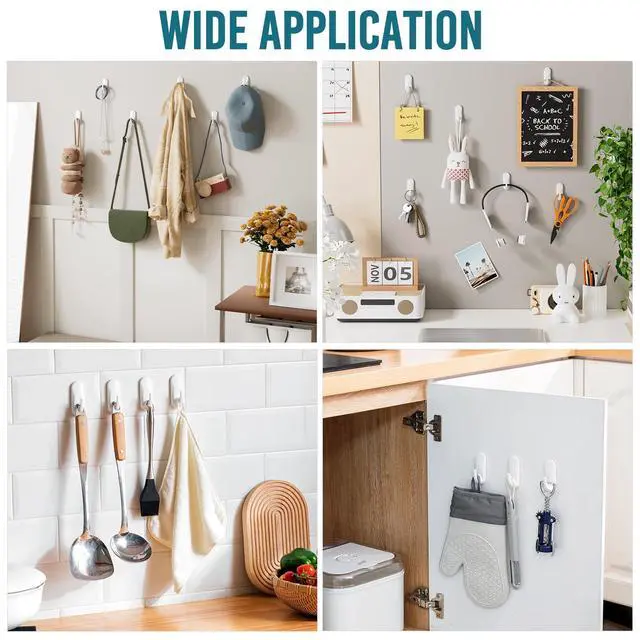 Alt view image 6 of 7 - Hooks for Hanging,6 Plastic Sticky Hooks and 8 Adhesive Strips, White Utility Hooks for Painted Wall, No Damage Heavy Duty Holds up to 3 lb, Removable & Reusable for Door, Dorm, Clothes, Closet