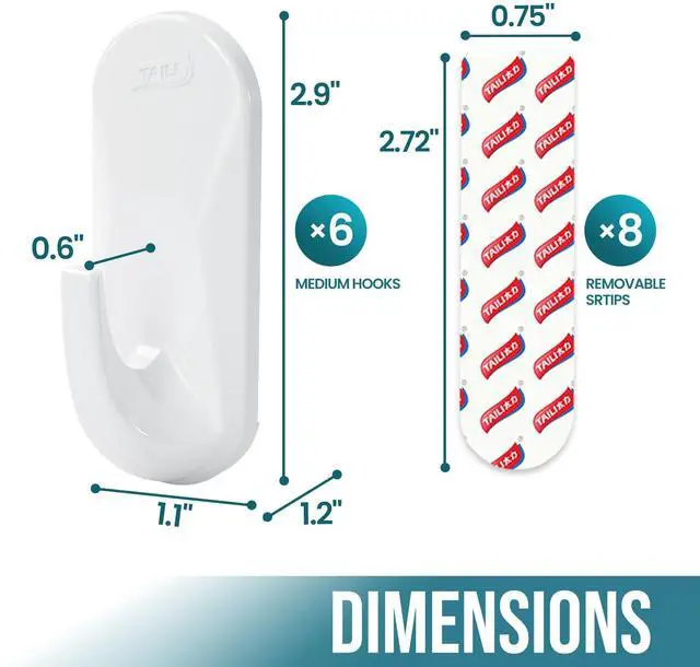 Alt view image 5 of 7 - Hooks for Hanging,6 Plastic Sticky Hooks and 8 Adhesive Strips, White Utility Hooks for Painted Wall, No Damage Heavy Duty Holds up to 3 lb, Removable & Reusable for Door, Dorm, Clothes, Closet