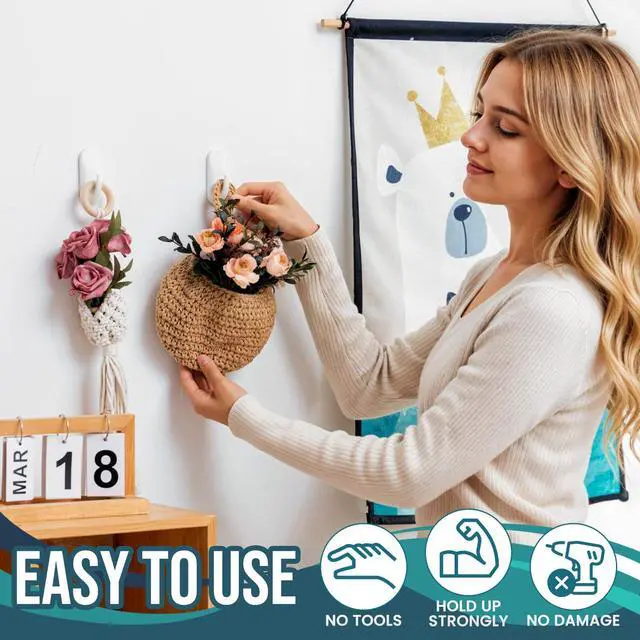 Alt view image 7 of 7 - Hooks for Hanging,6 Plastic Sticky Hooks and 8 Adhesive Strips, White Utility Hooks for Painted Wall, No Damage Heavy Duty Holds up to 3 lb, Removable & Reusable for Door, Dorm, Clothes, Closet