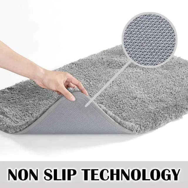 Alt view image 3 of 7 - Non Slip Bath Mat (20 x 32, Grey) Water Absorbent Soft Microfiber Shaggy Bathroom Rug Machine Washable Thick Plush Shower Mat