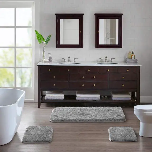 Alt view image 7 of 7 - Non Slip Bath Mat (20 x 32, Grey) Water Absorbent Soft Microfiber Shaggy Bathroom Rug Machine Washable Thick Plush Shower Mat