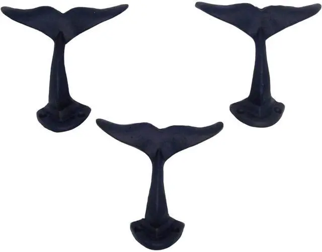 Main image of Rustic Dark Blue Cast Iron Whale Tail Wall Hooks, 4 1/2 Inches, Set of 3